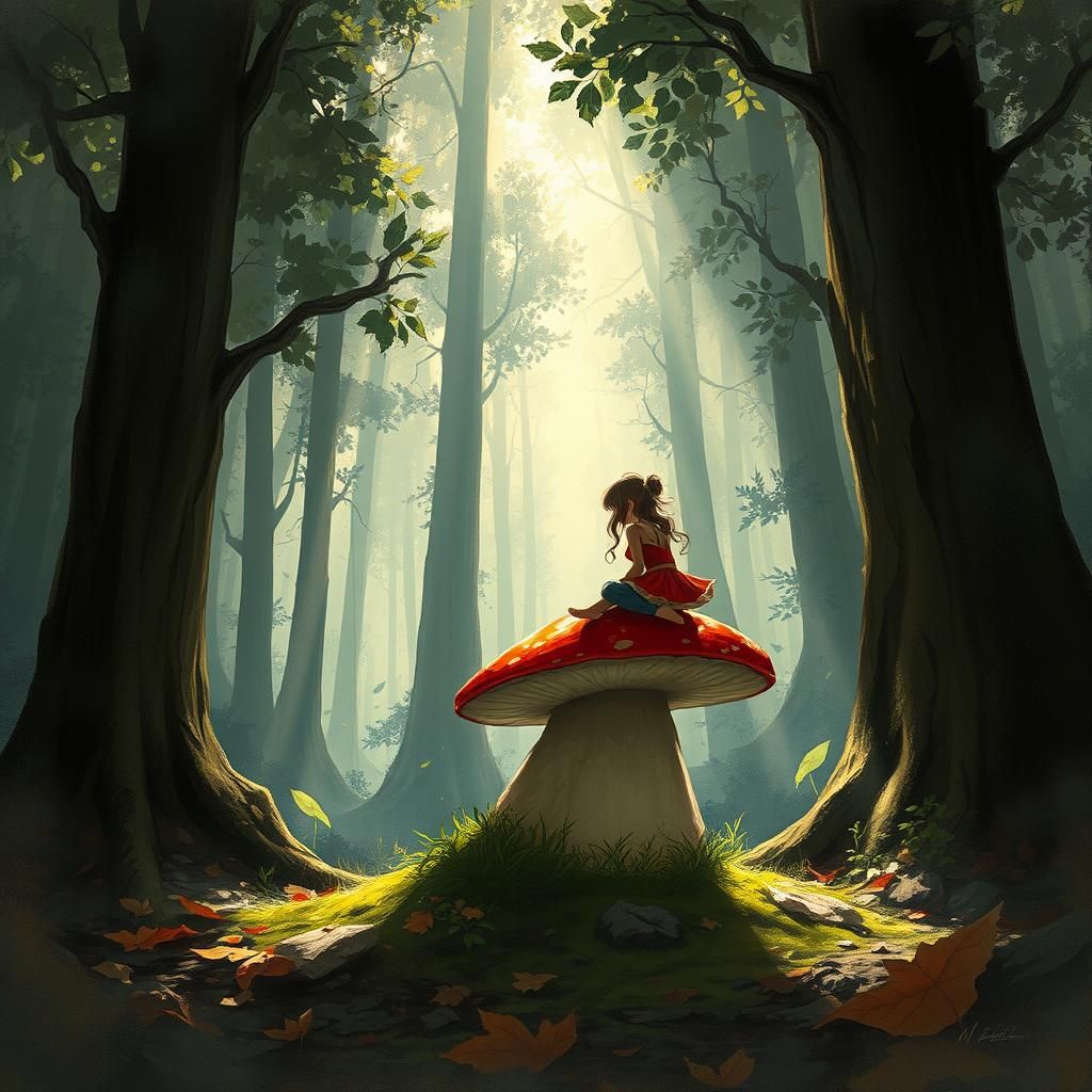 Little Red Riding Hood on Mushroom, Digital Art