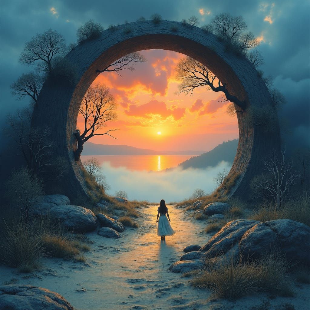 Surreal Nocturnal Landscape Portal as Watercolor Painting