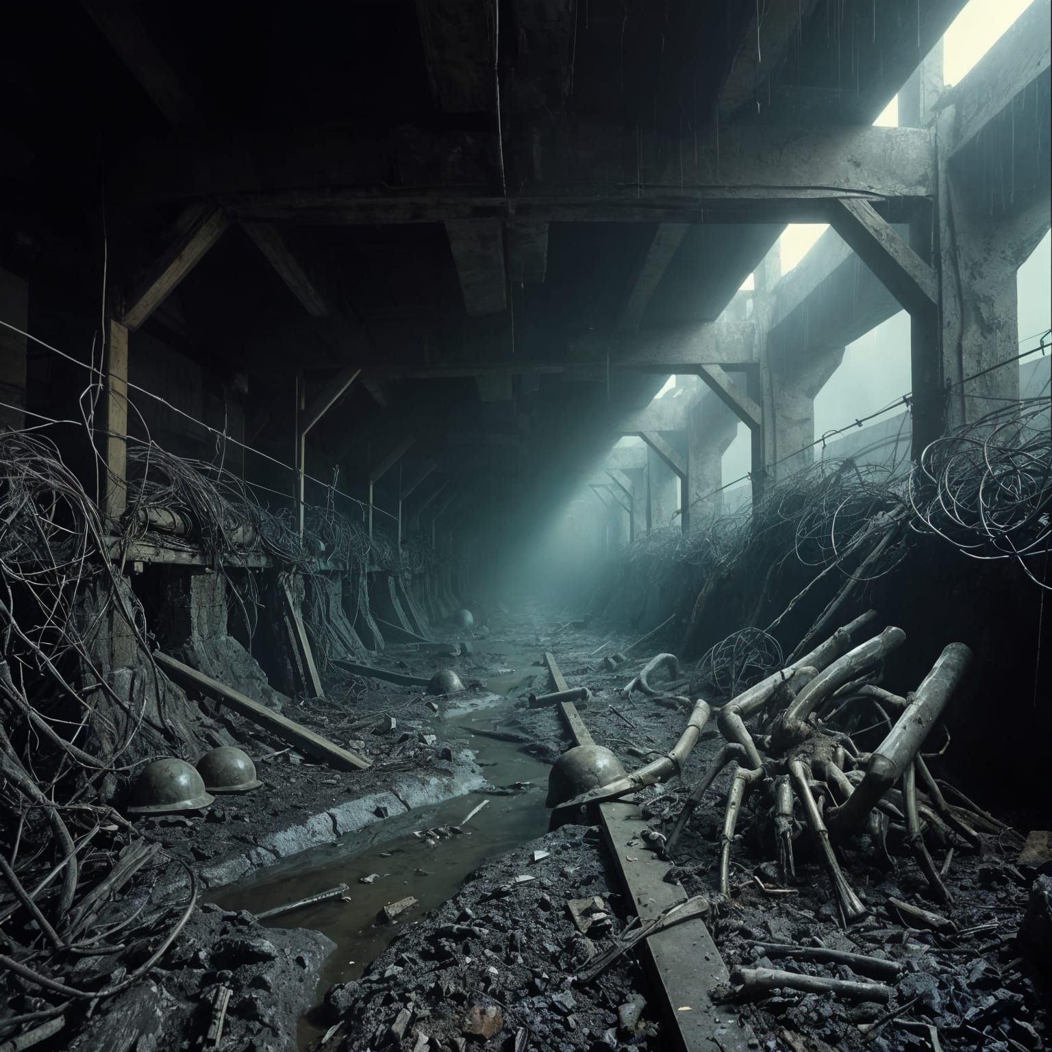 Eldritch Trenches Shrouded in Dark, Muted Fog