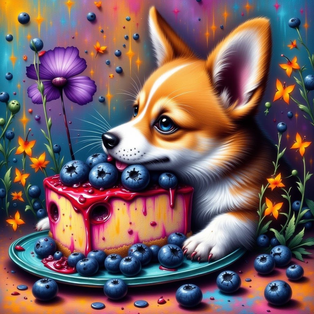 Corgi's Cheesecake Feast in Hyperrealistic Graffiti Art