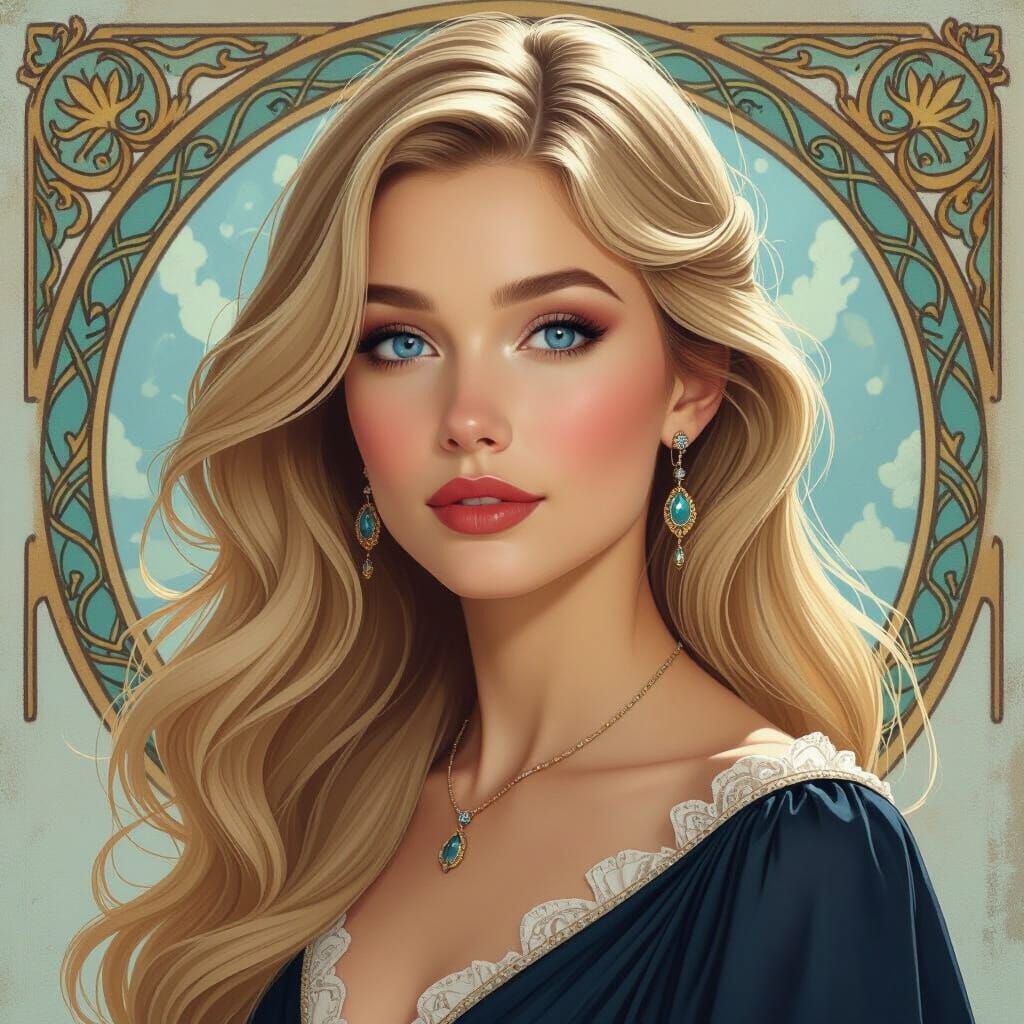 Woman with Sandy Blonde Hair and Sapphire Eyes in Art Nouvea...