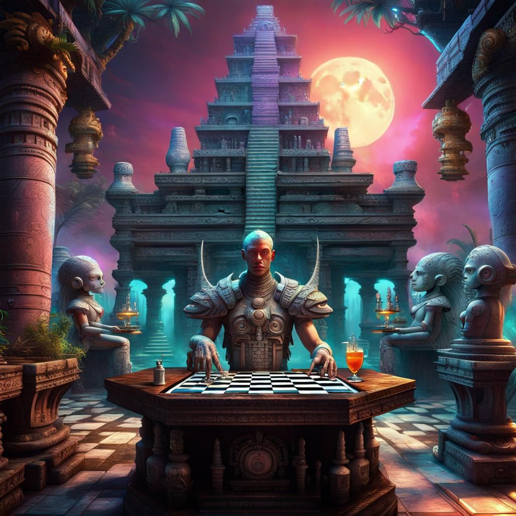 Psychedelic Moon Castle Chess Game in Dark Fantasy Style