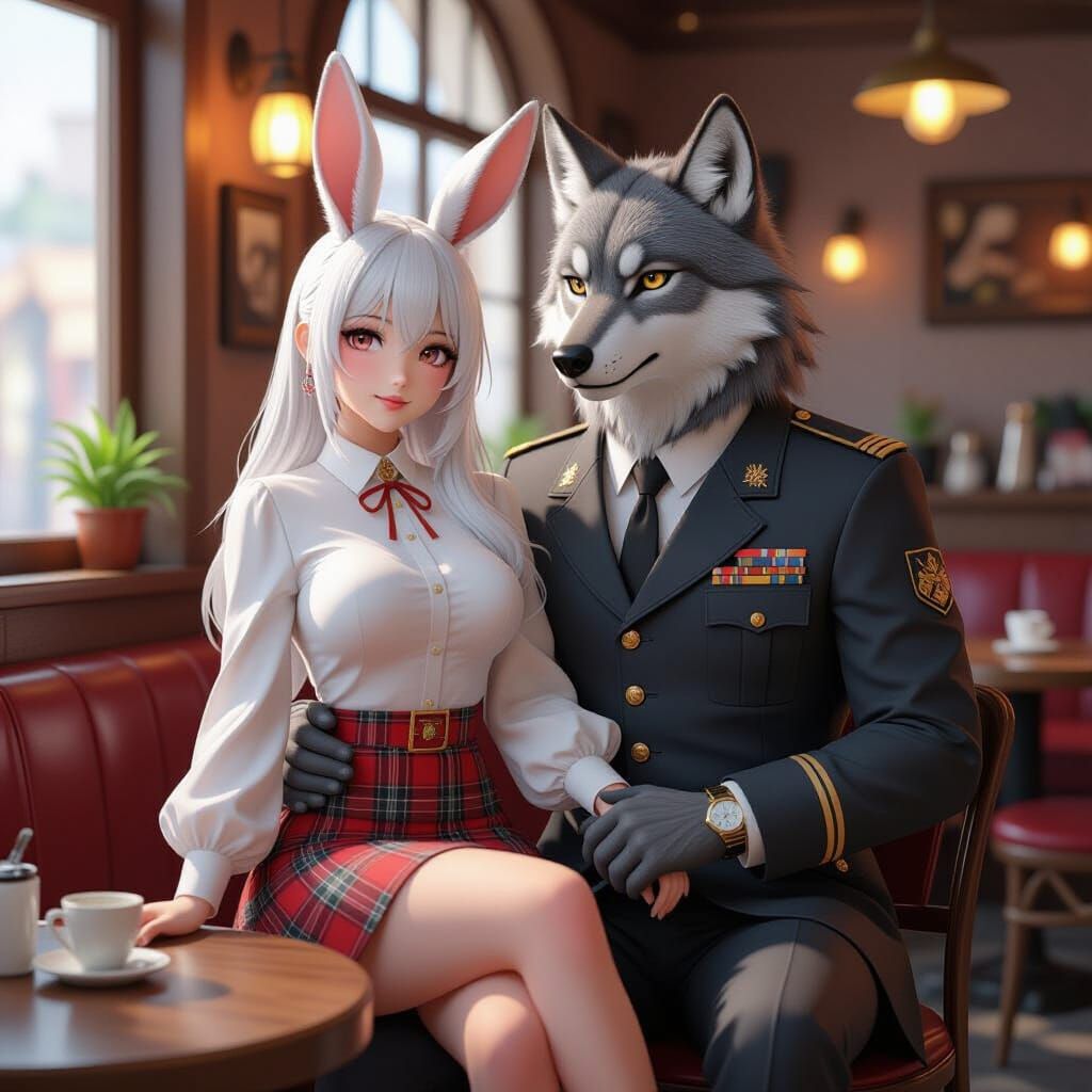 Hare Woman and Wolf Man in Cozy Cafe