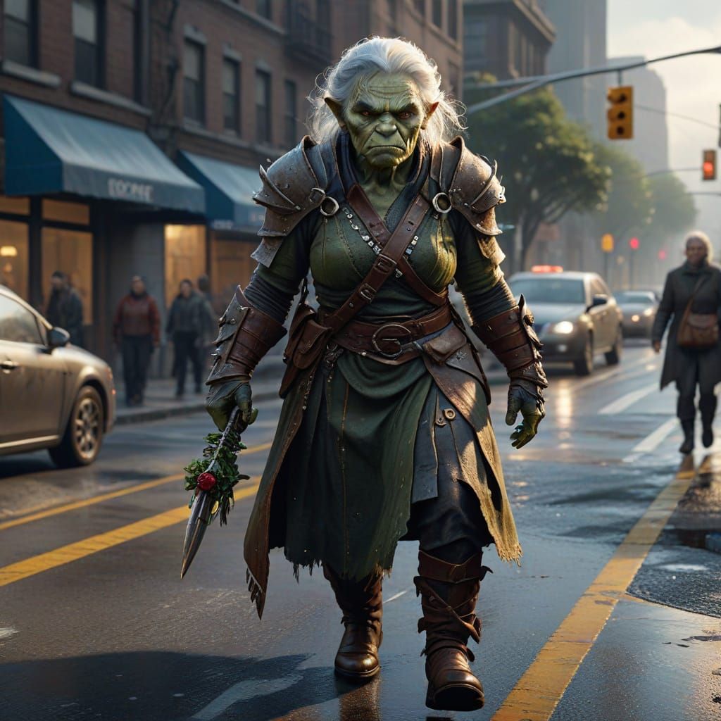Orc Helps Elderly Woman Cross Street in Epic Digital Paintin...