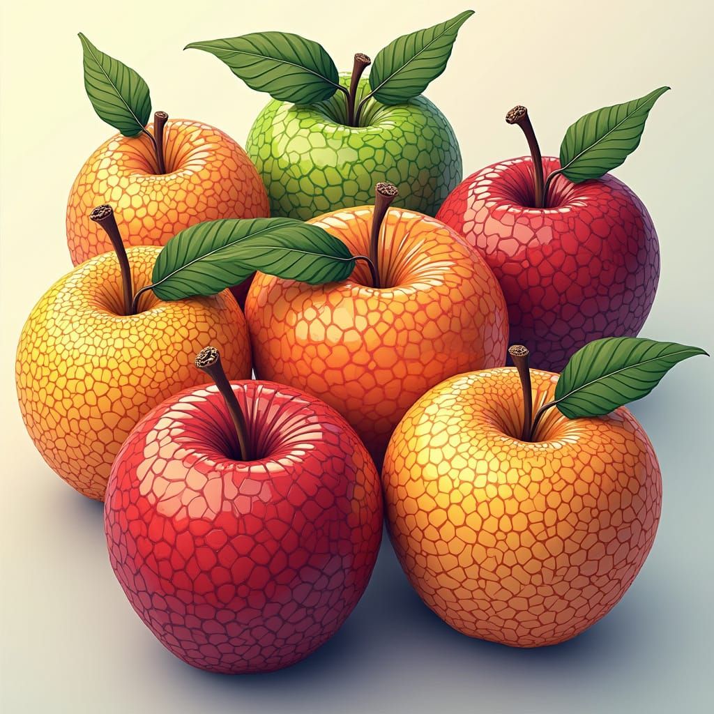 Diverse Apples in Vibrant, Fractal Zentangle Composition