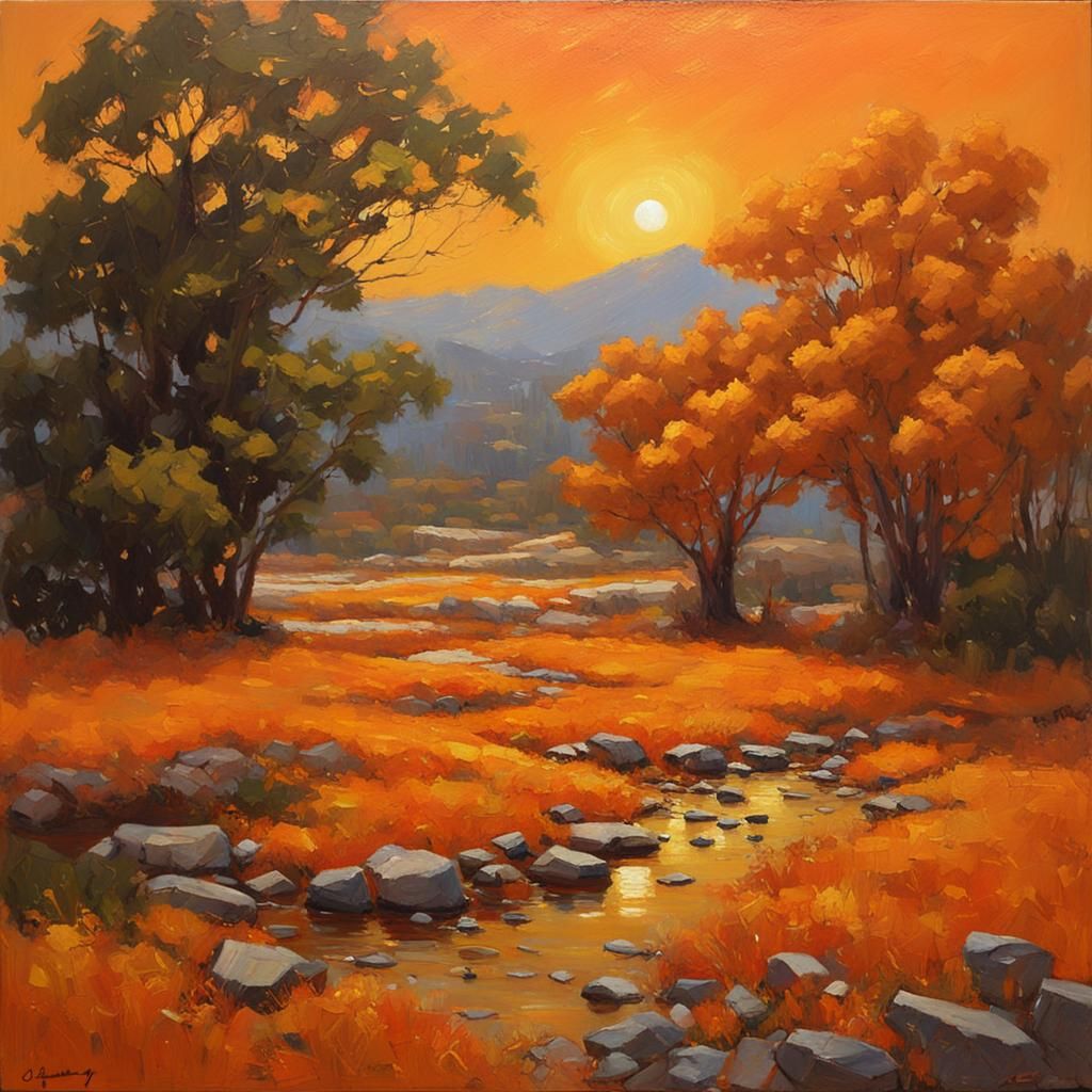 Luminous Oil Painting in Orange and Gold