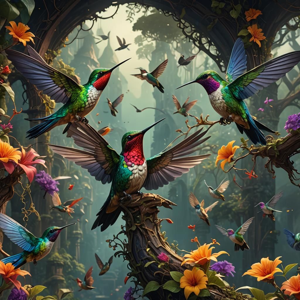 Fantastical Lady Hummingbird: Detailed Matte Painting