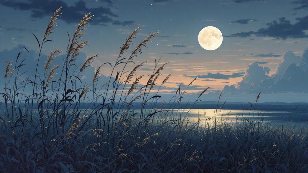 Twilight Grasses Under Moonlit Sky: A Dreamscape Painting
