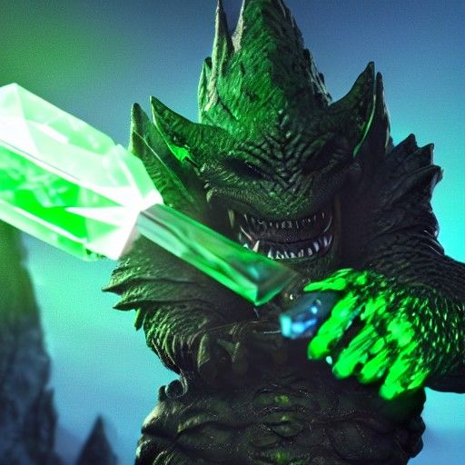 Green Dragonborn Holding Glowing Crystal Shard