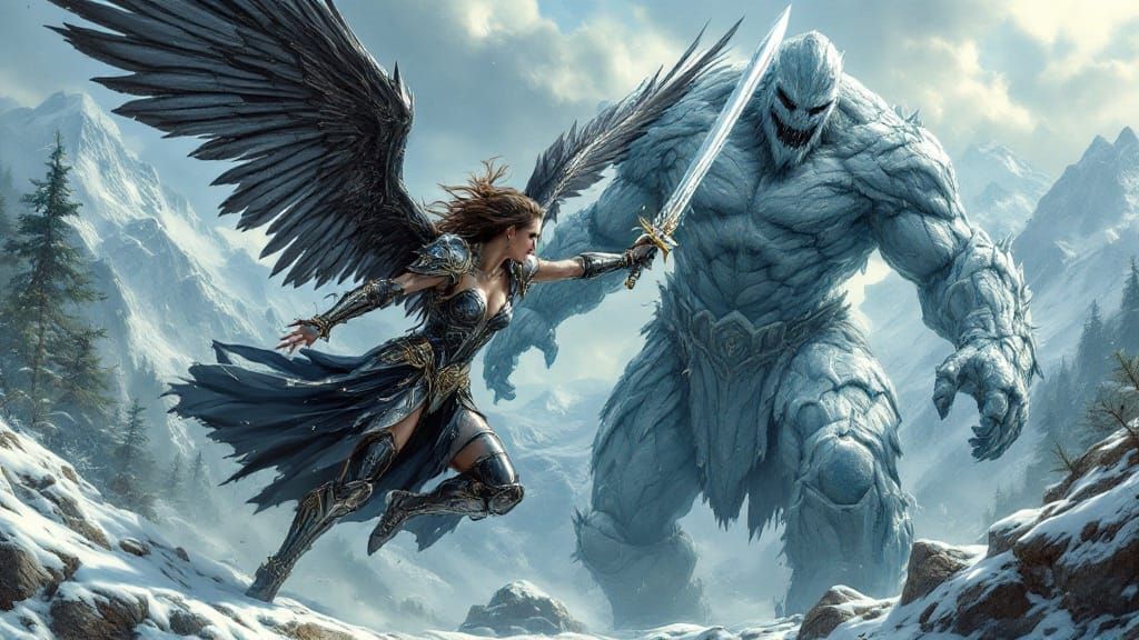 Armoured Valkyrie Engages Frost Giant in Epic Battle