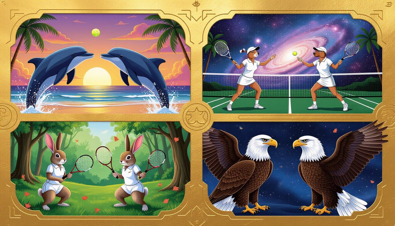 Animals Playing Tennis in Art Deco Spaceship Collage
