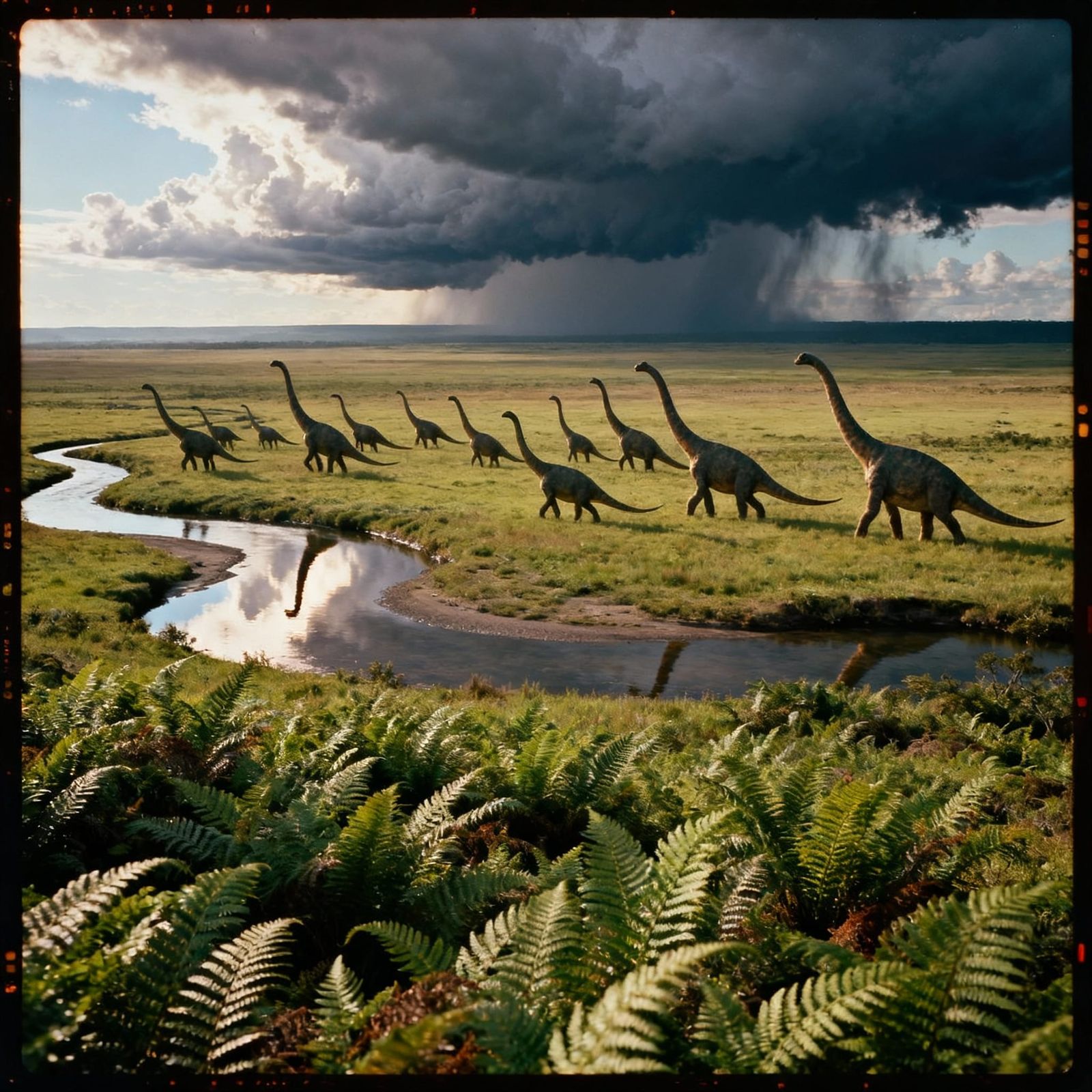 Sauropod Herd in Vast Prairie Under Thunderclouds