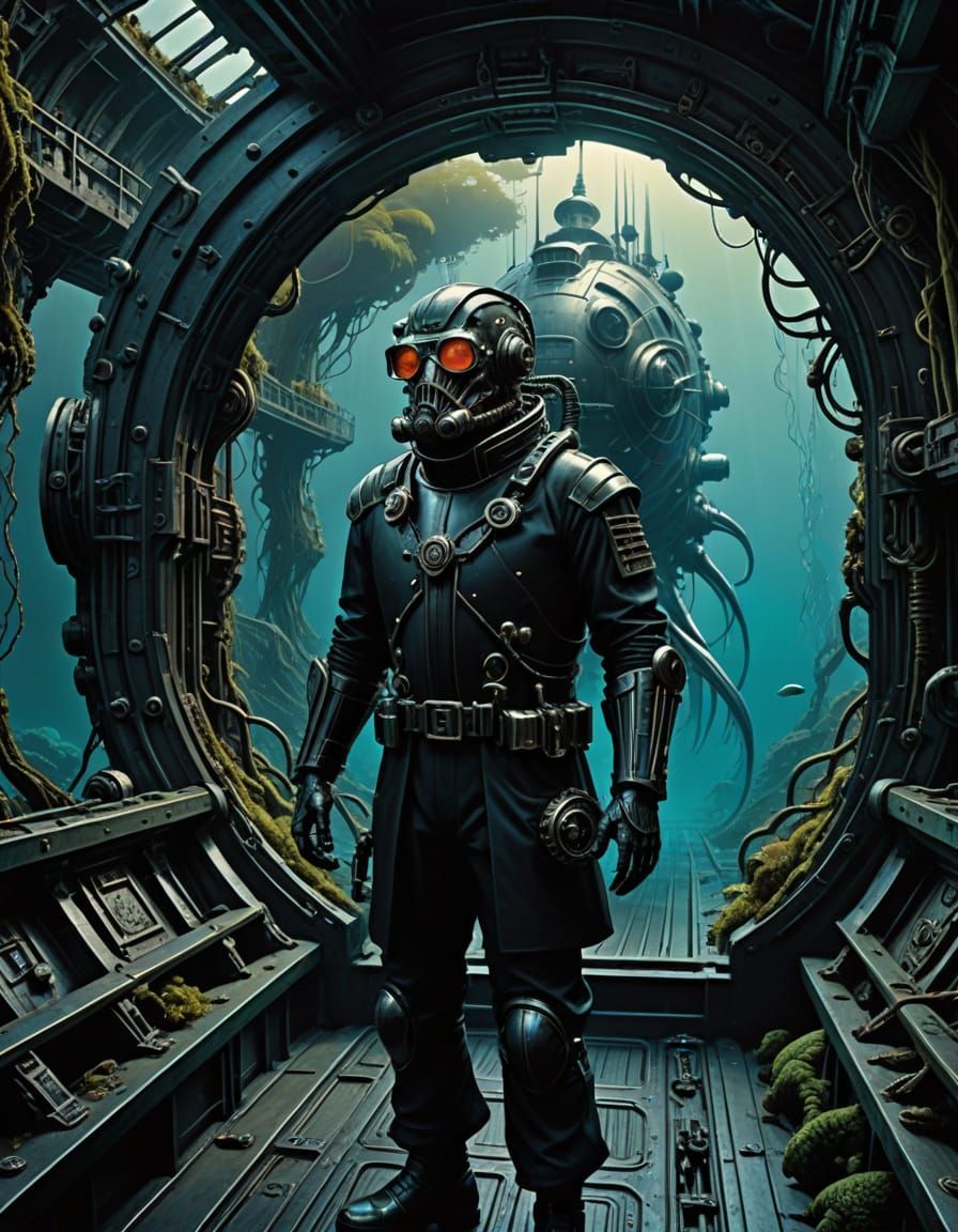 Cybernetic Sea Captain Navigates Alien Ocean