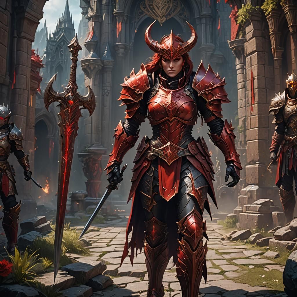 Epic Female Paladin in Red Armor: Fantasy Art