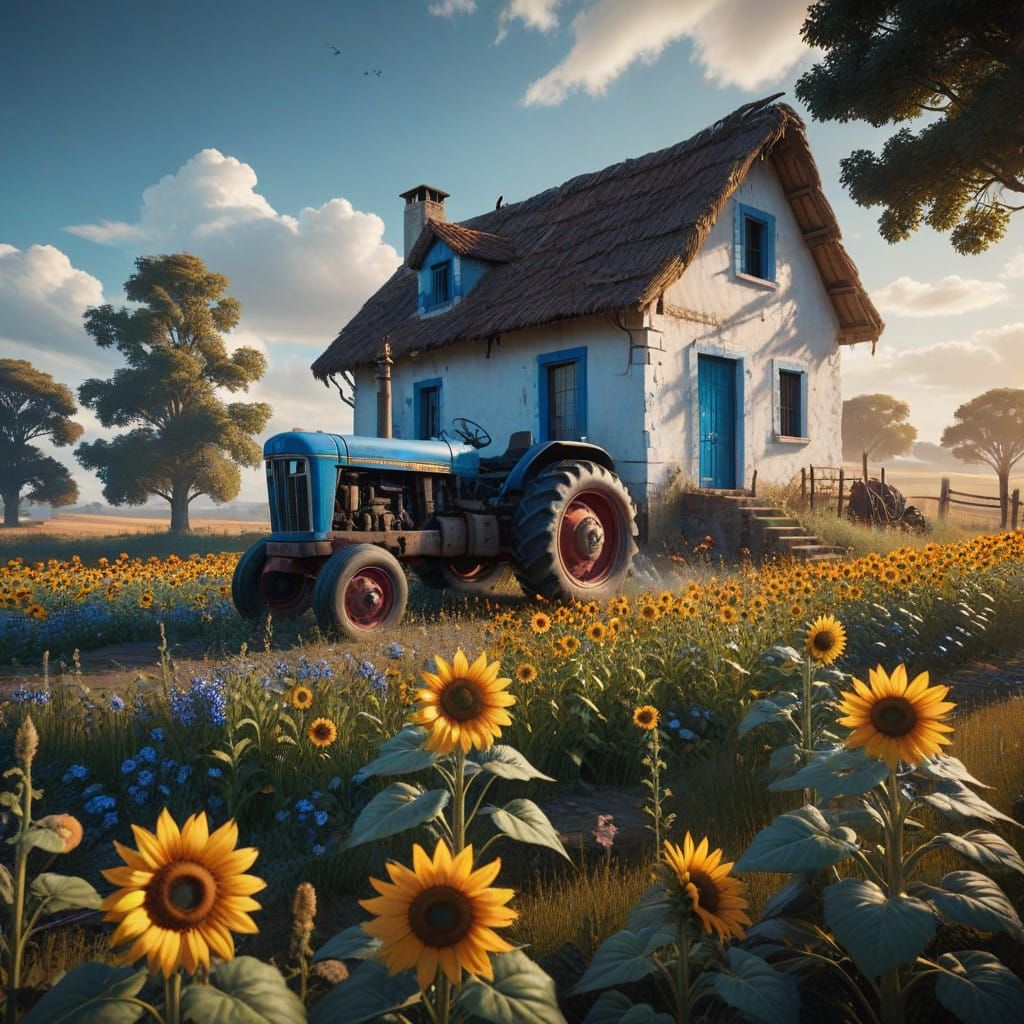 Surreal Alentejo Village with Vibrant Sunflowers and Rustic....