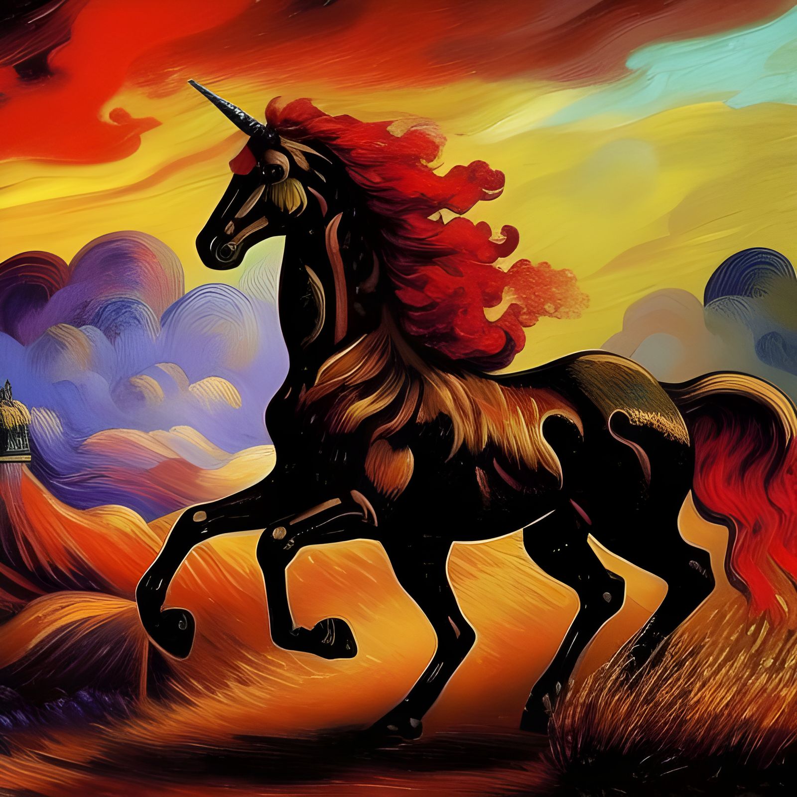 Steampunk Fire Unicorn Impasto Art