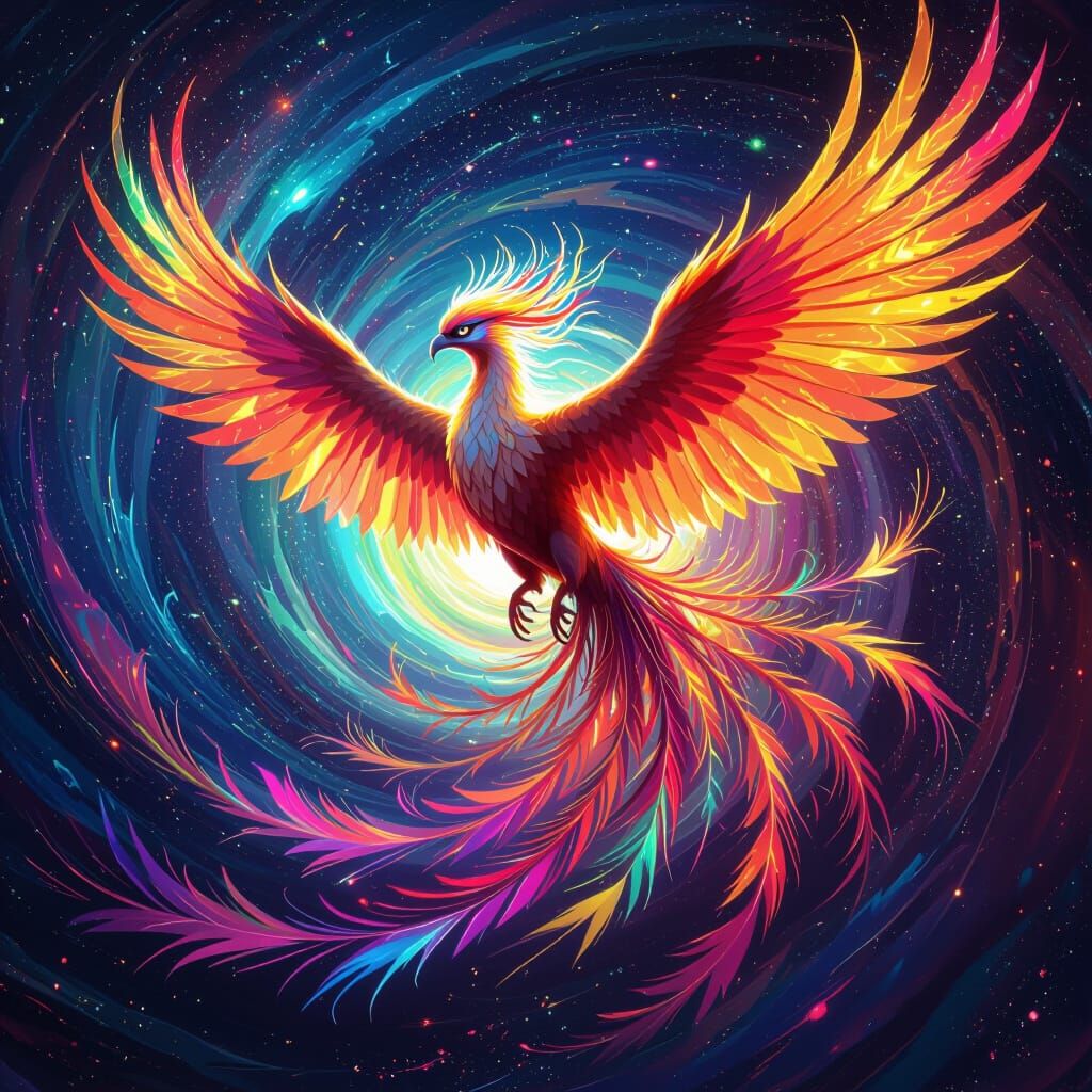 Phoenix Soaring Through Cosmic Energy Vortex