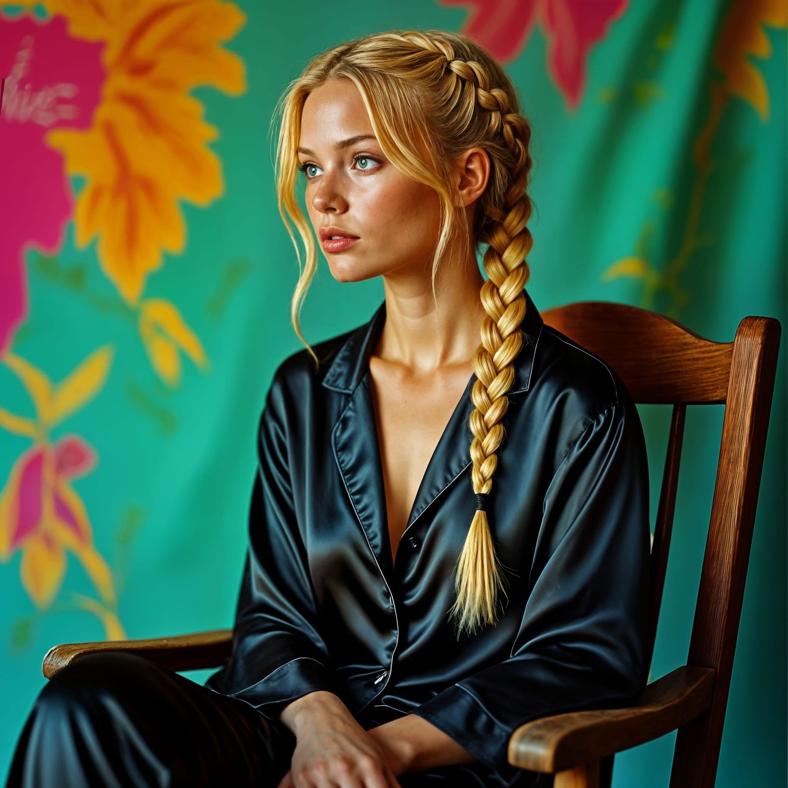 Hyperrealistic Portrait of Blonde Woman in Silk Pajamas