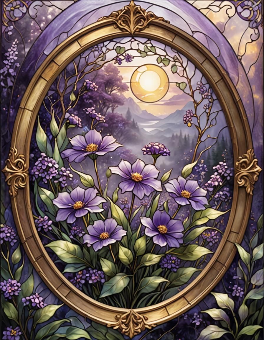 Ethereal Stained Glass Flower in Round Frame