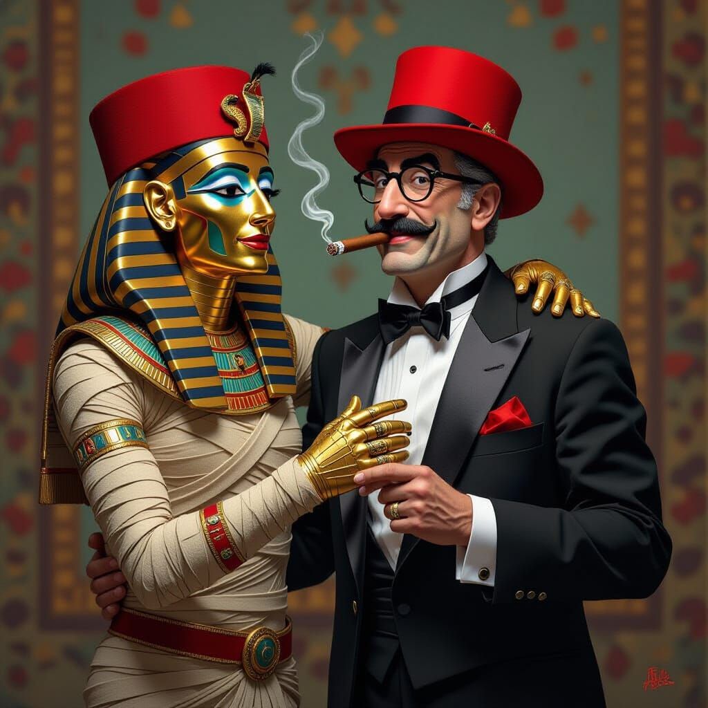 Mummy Dances With Groucho Marx in Hyperrealistic Concept Art