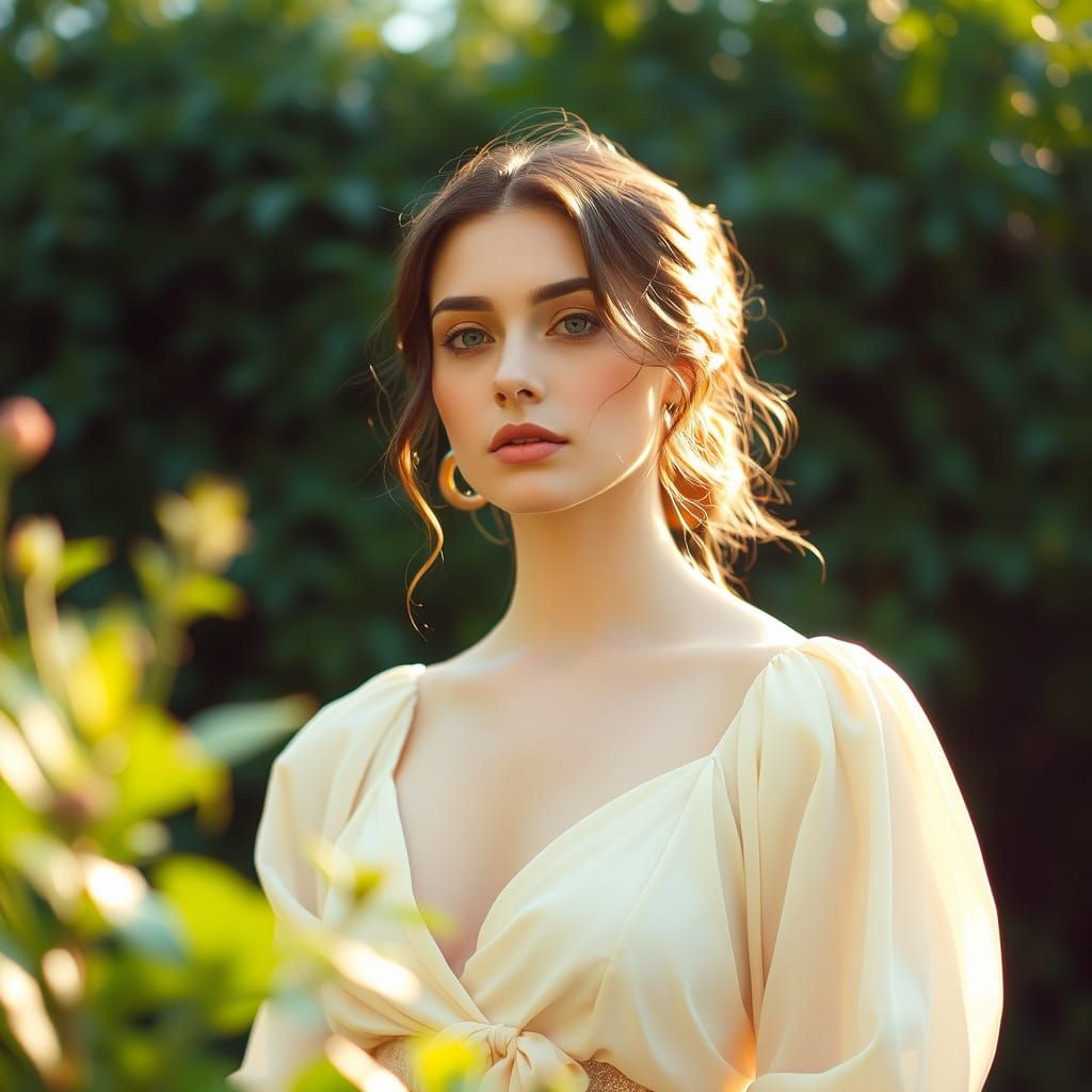 Ethereal Goddess Surrounded by Verdant Paradise