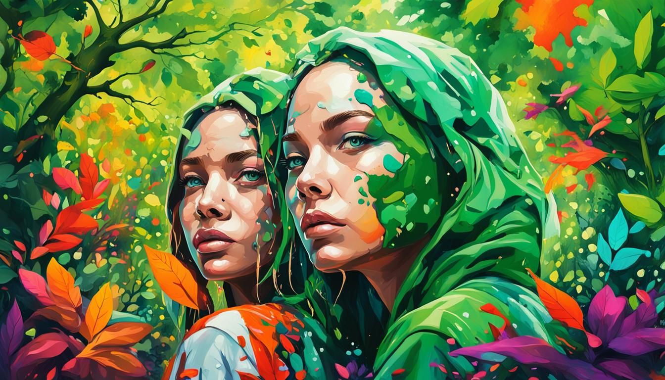 Beautiful Women in a Green Graffiti Garden