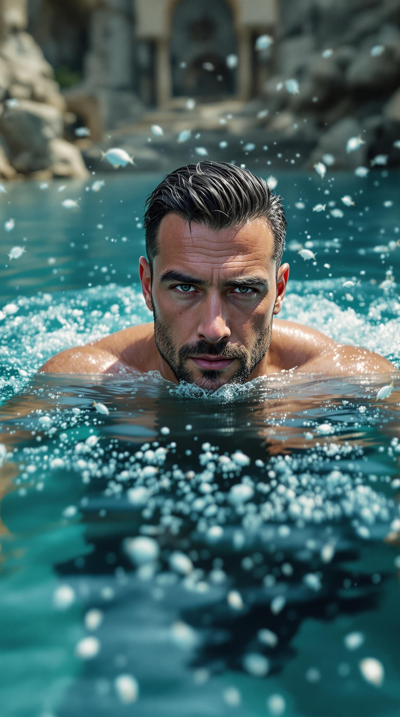 Strong, Bearded 50-Year-Old Man in a Sea of Glittering Cryst...