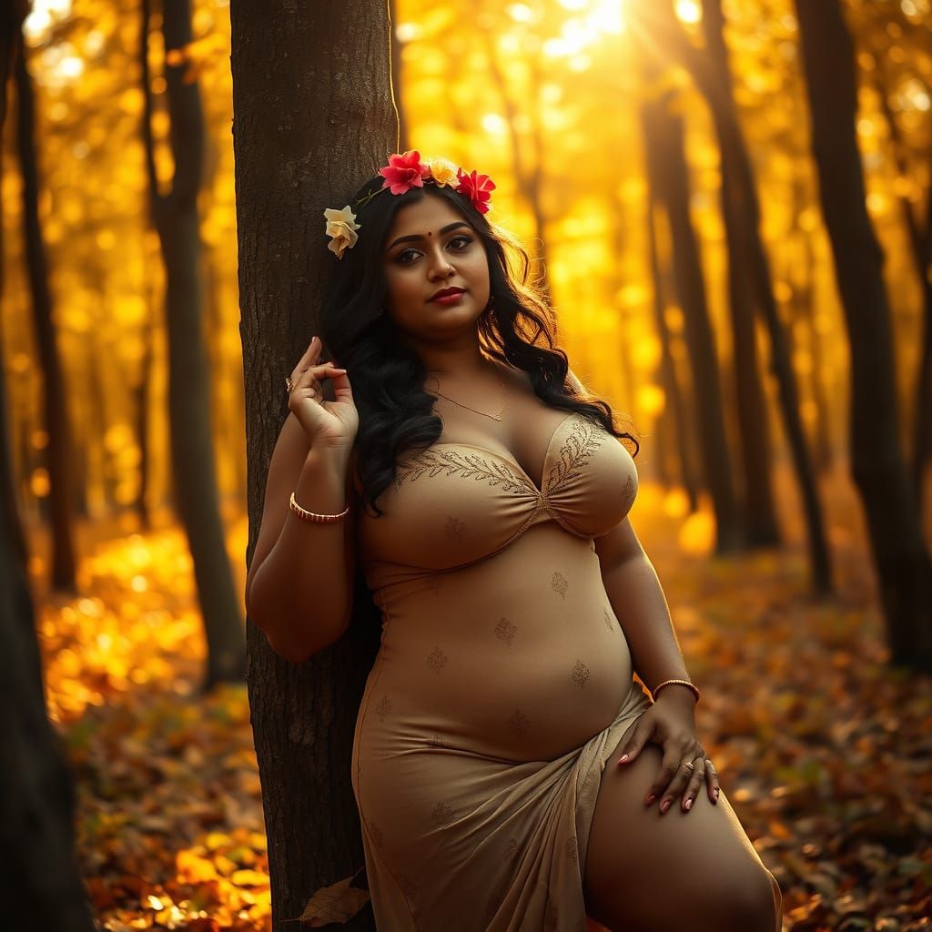 Indian Woman Embraces Nature in Autumn Forest