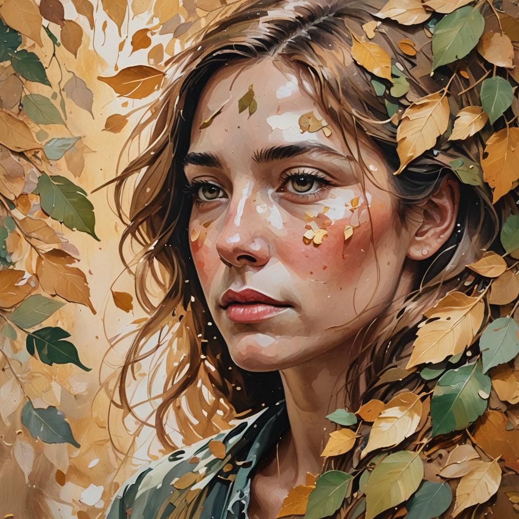 Solemn Woman Portrait in Gouache with Falling Leaves