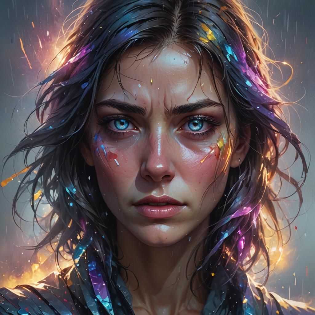 Woman with Multicolored Eyes Crying: Digital Art Portrait