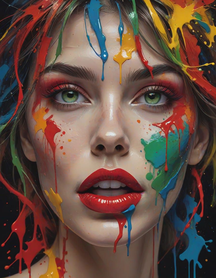 Vibrant Portrait with Dripping Hair in Modern Street Art Sty...