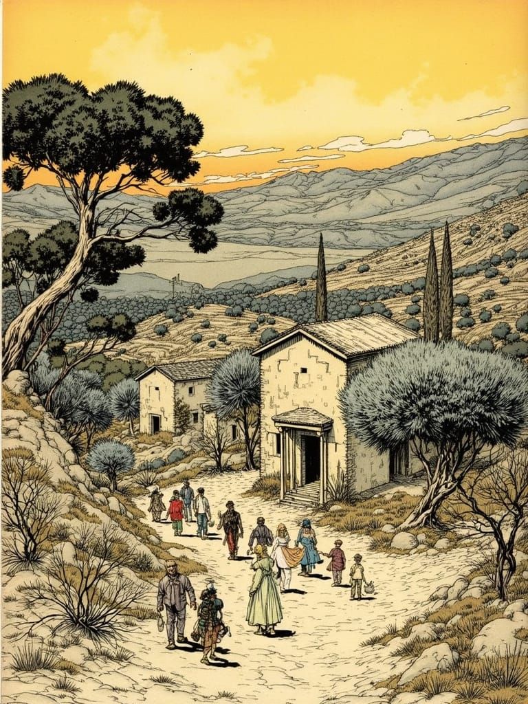 Greek Village in 1950s Pulp Sci-Fi Style