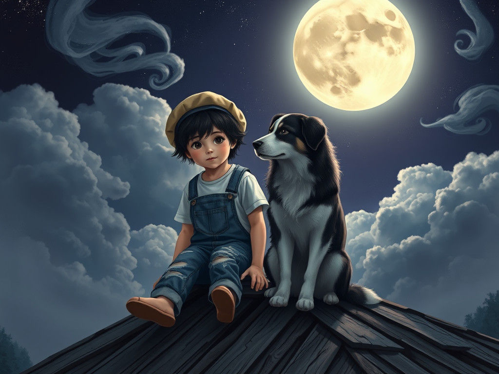 Boy and Dog on Roof Under Moonlight in Dreamlike Style