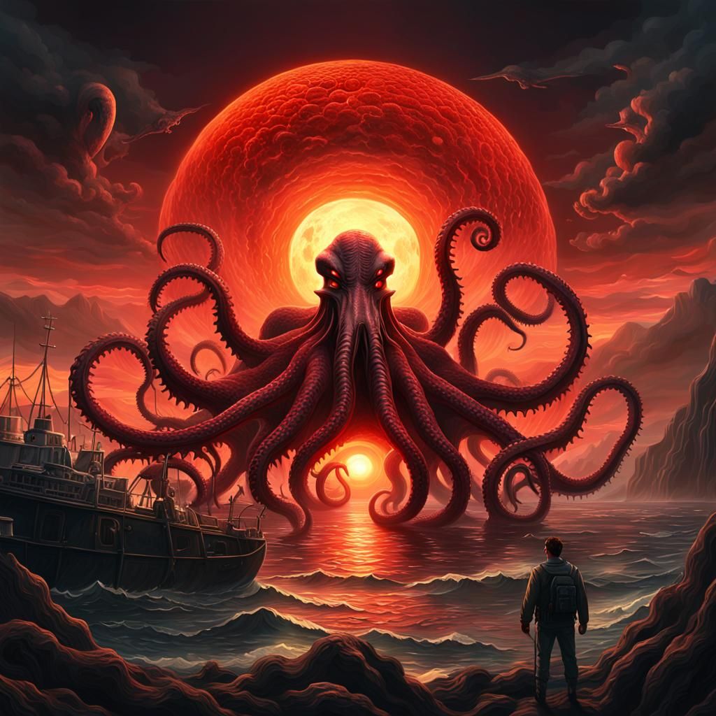 Cthulhu Silhouette Against Red Sunset: Moebius Style
