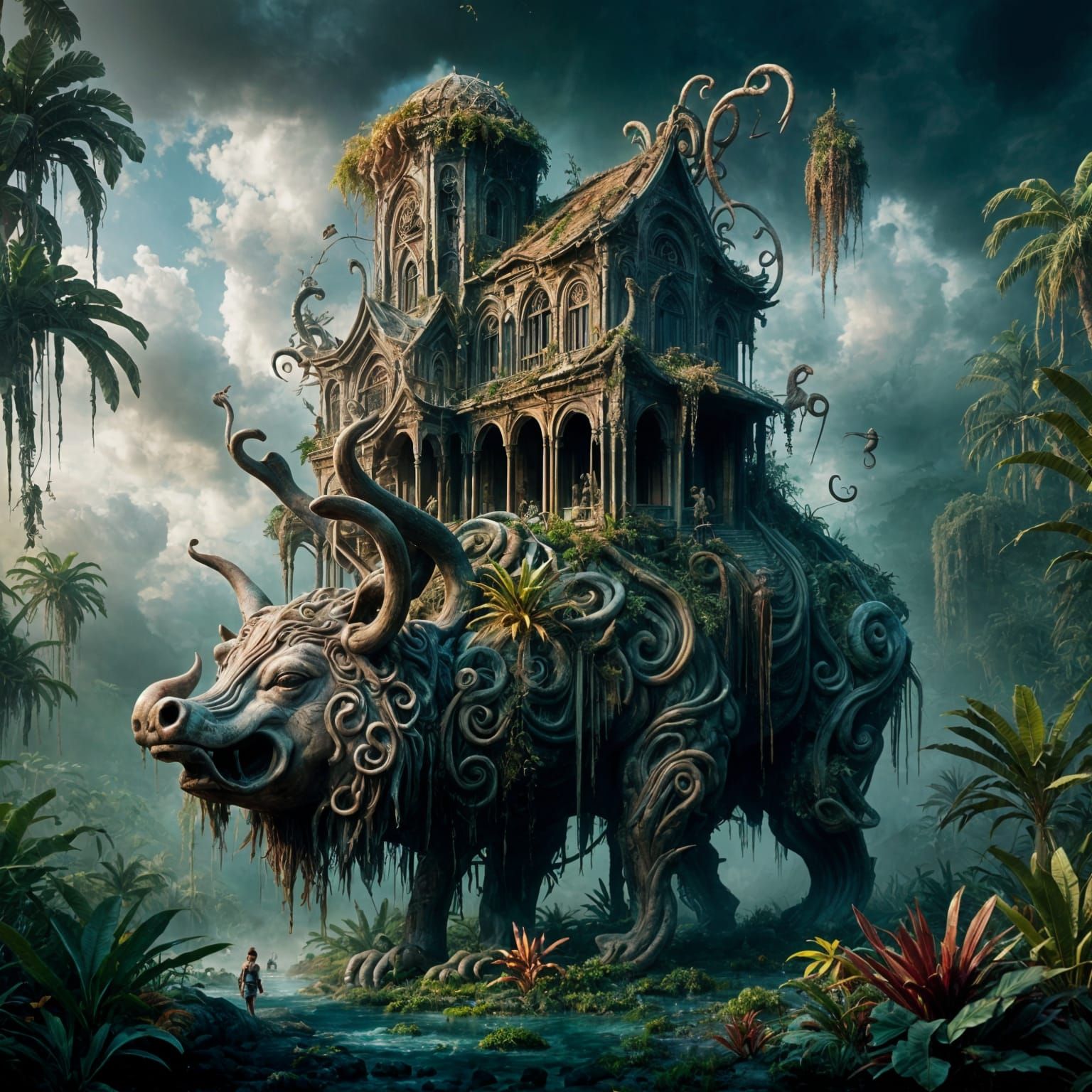 Jungle Temple with Wonky Houses Aesthetic