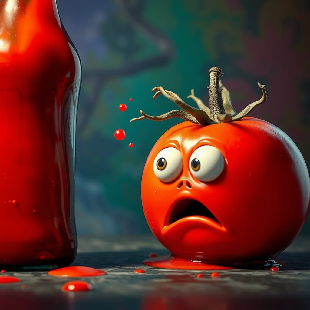 Horrified Tomato Confronts Ketchup Bottle: Hyperrealistic Ar...