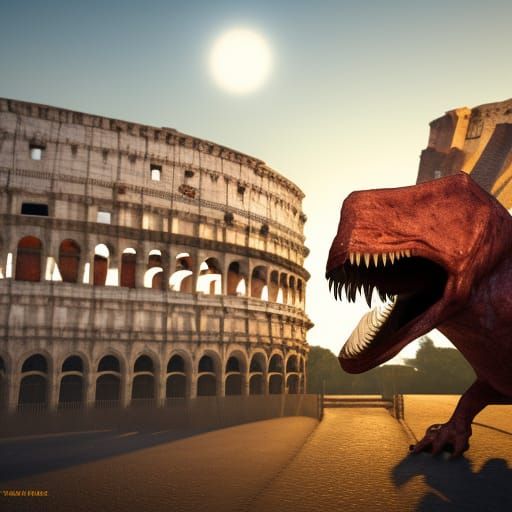 Tyrannosaurus Rex Eating Pizza in Rome