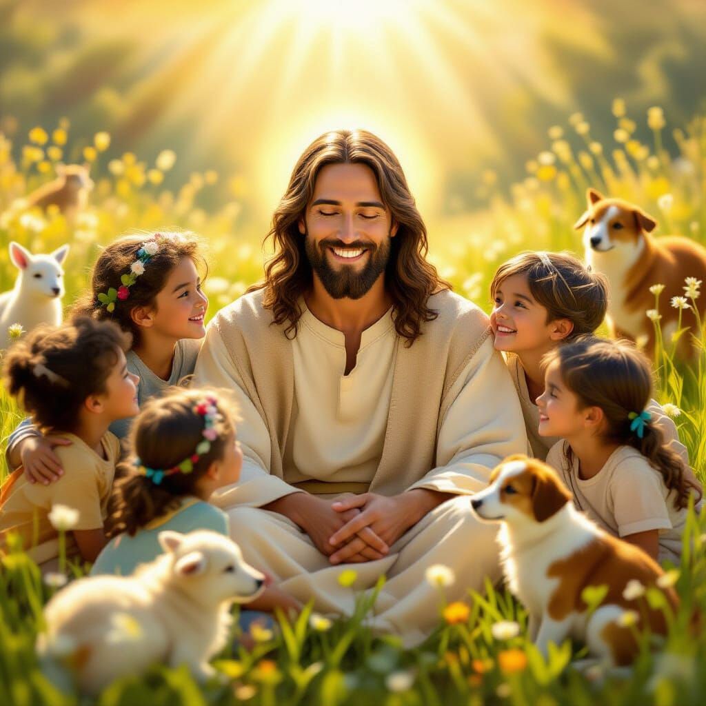 Jesus Christ Smiling With Children And Animals In A Meadow