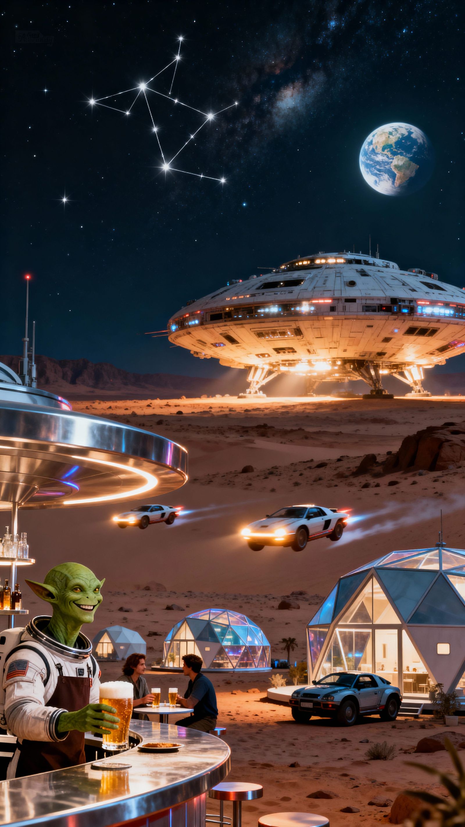 Martian Bar Scene: Green Alien Serves Beer to Astronauts