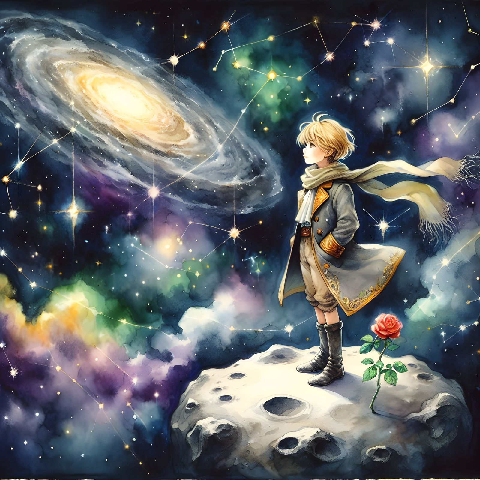 Whimsical Cosmic Boy in Enchanting Watercolor