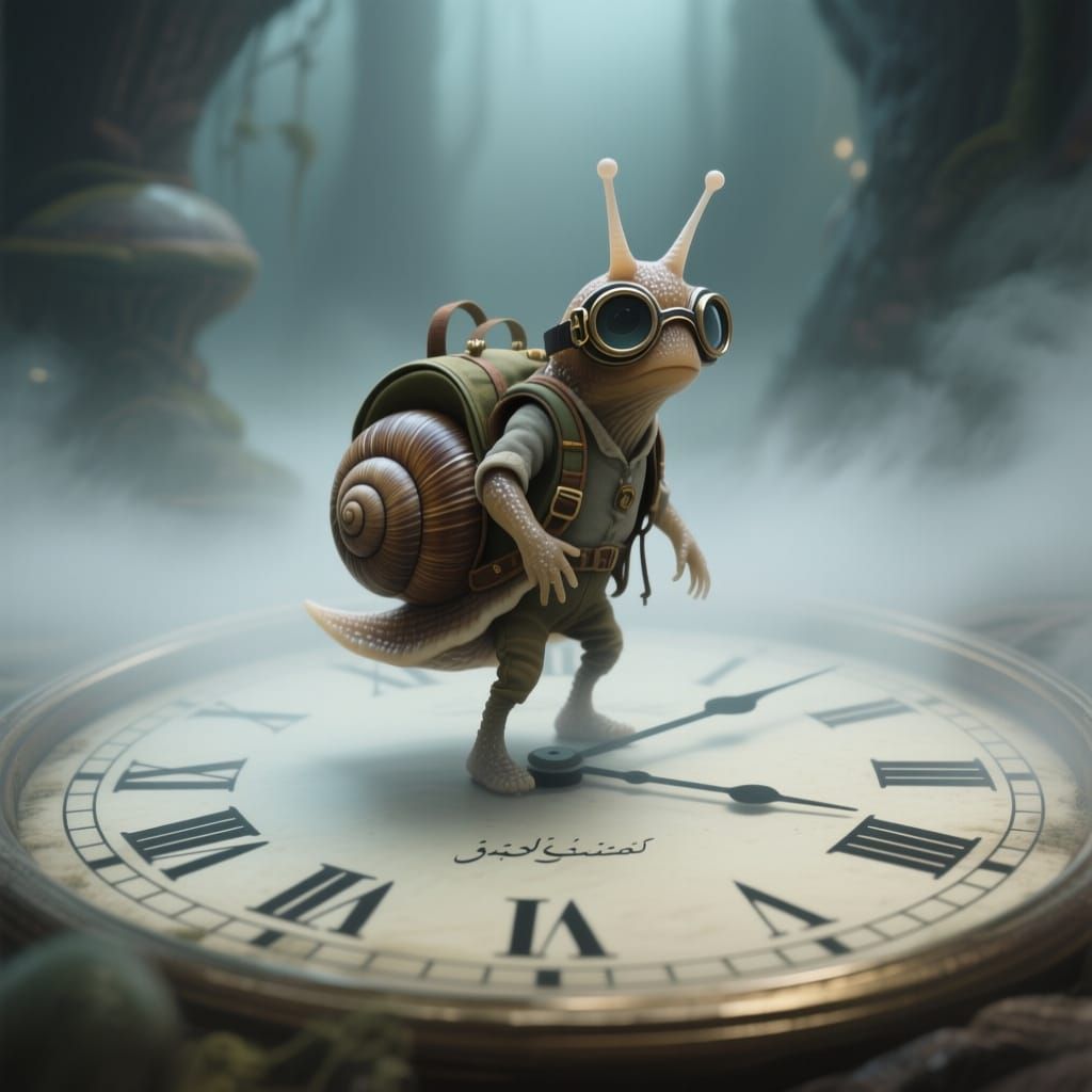 Time Traveling Snail on Clock Face in Dreamlike Sci-Fi Style