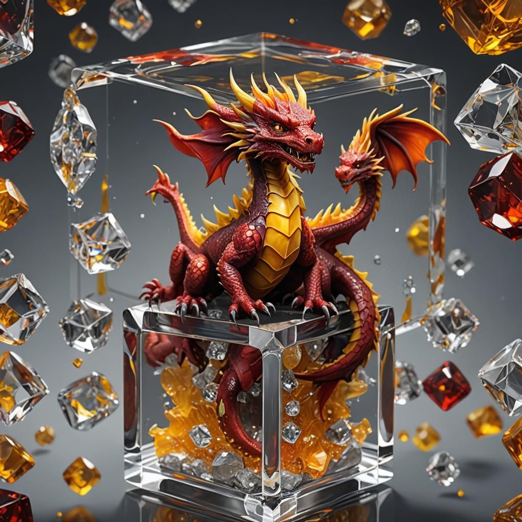 Two-Headed Dragon in Diamond Cube, Digital Art