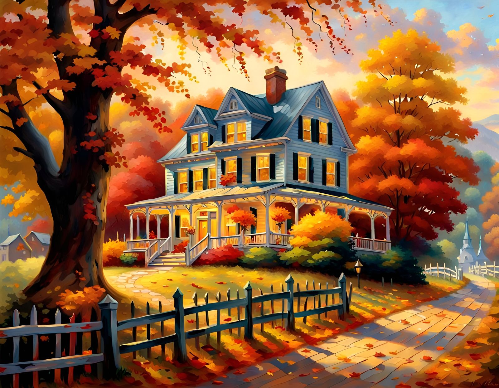 Virginia in Autumn: A Thomas Kinkade-Style Illustration