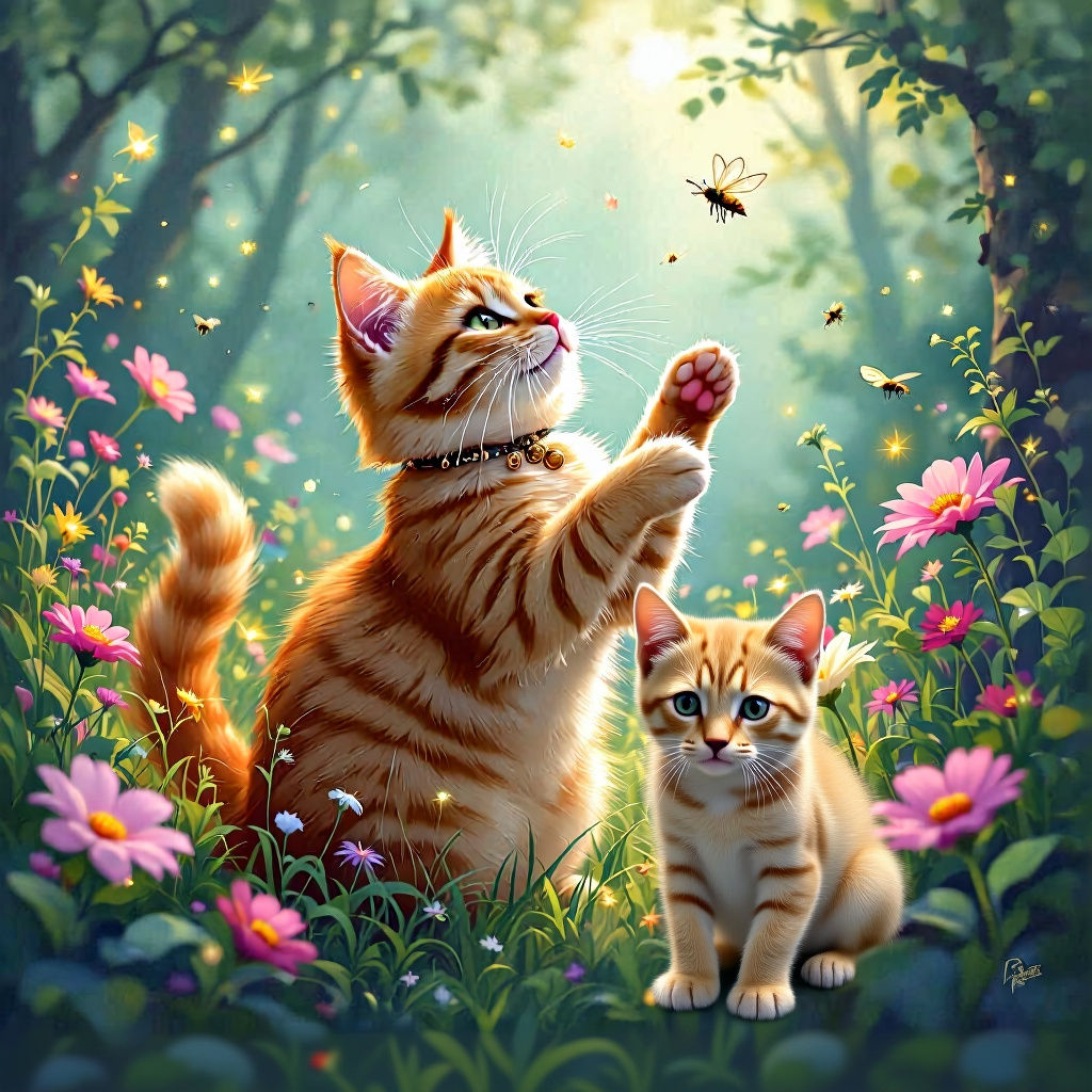 Glowing Forest Scene with Ginger Cat