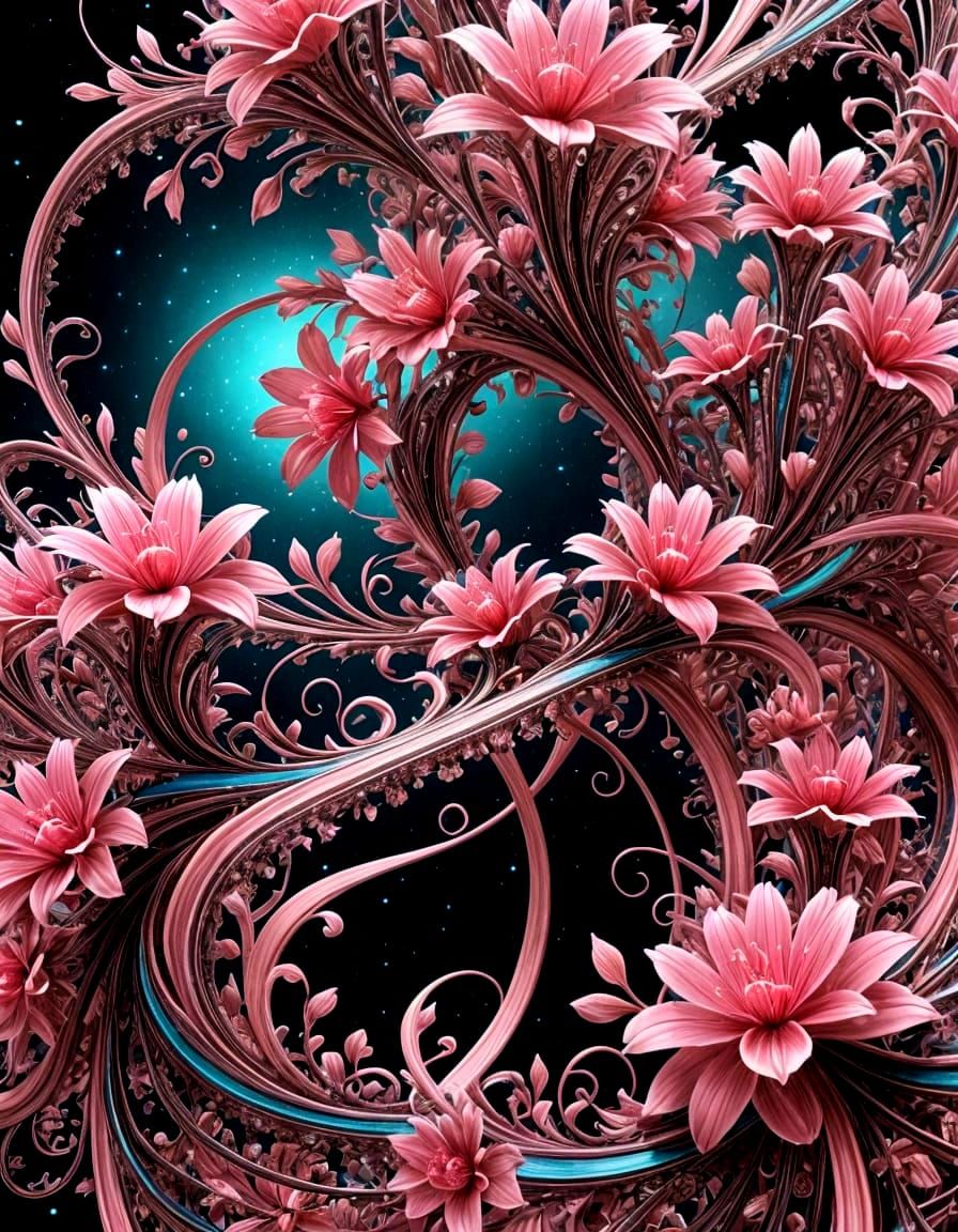 Pink Ribbons and Flowers in Abstract Fractal Art