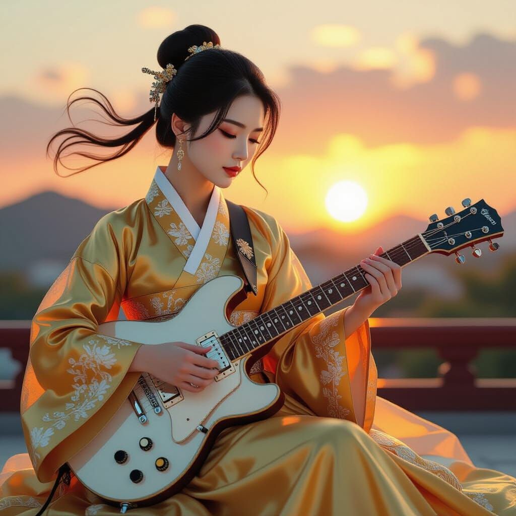 Korean Woman in Golden Hanbok Plays Electric Guitar at Sunse...