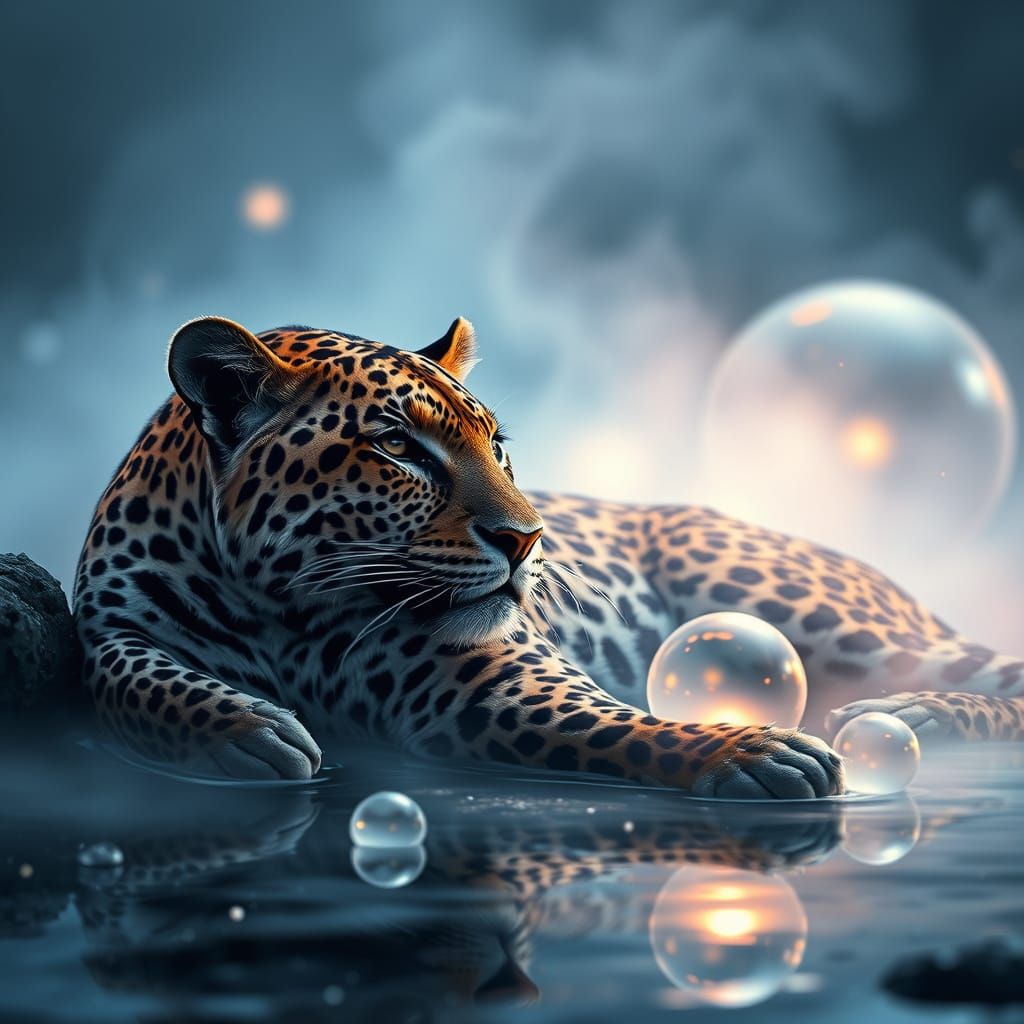 Relaxed Leopard with Glowing Orbs in Ethereal Mist