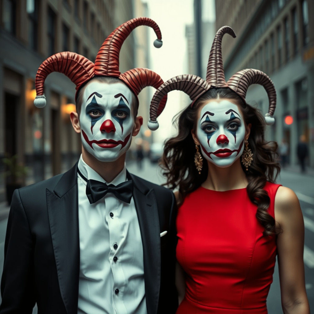 Elegant Jesters in a Modern Urban Scene