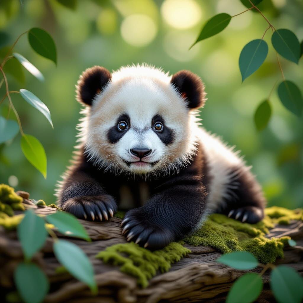 Young Panda Cub Resting on Eucalyptus Log