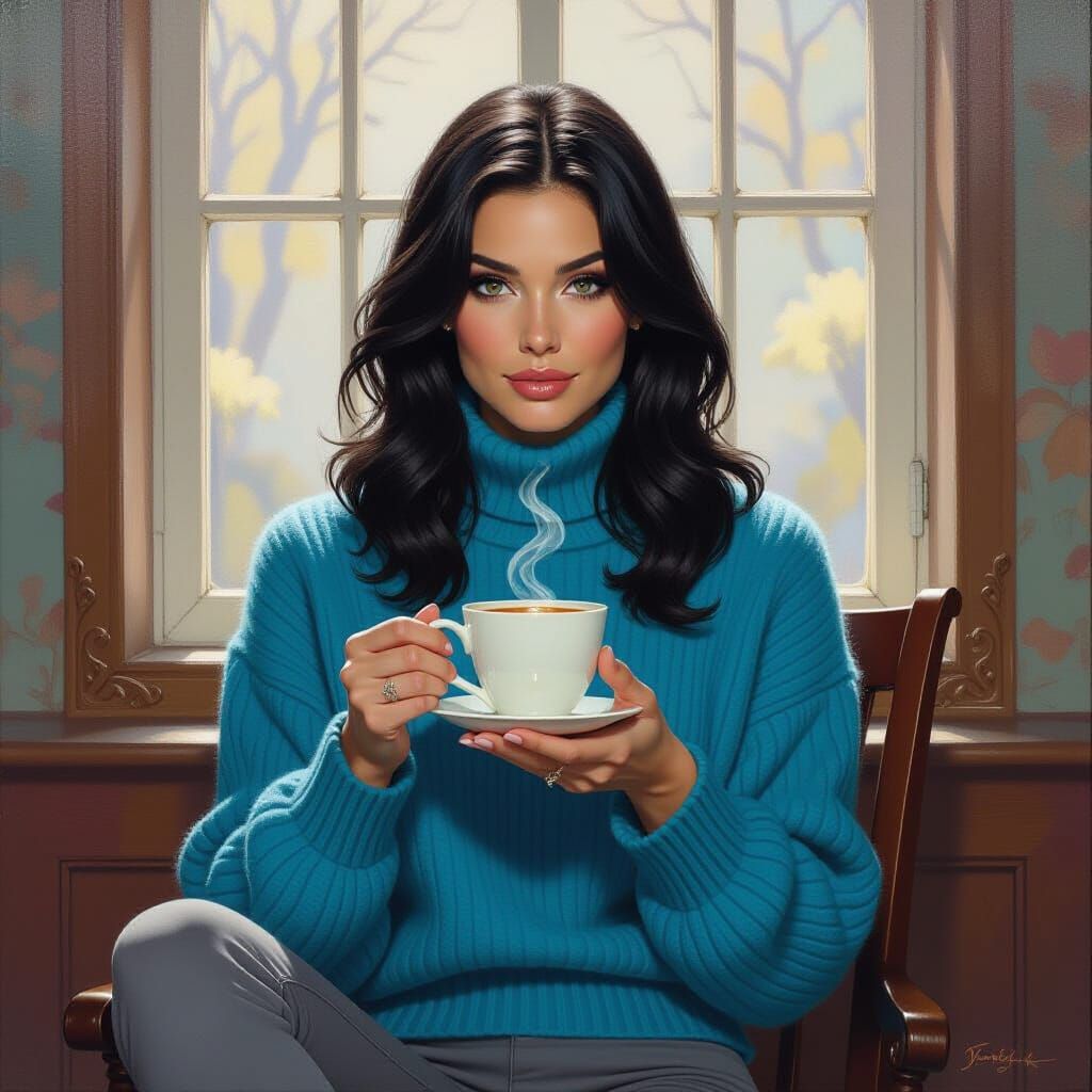 Fantasy Woman Stirring Coffee, Oil Painting Style